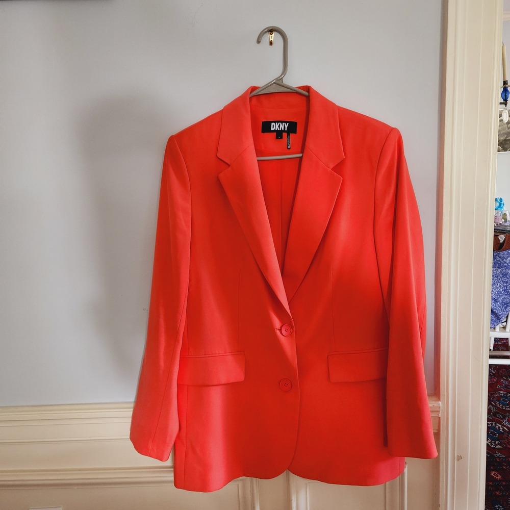 DKNY Coral Orange Notch Collar Pockets Blazer Jacket Women Size S - Picture 4 of 6